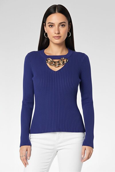 PİNKO Women Crew Neck Long Sleeve Textured Top, Indigo