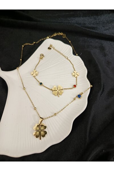 AYKE AKSESUAR Çelik uzun dorikalı yonca kolye ve bileklik takım