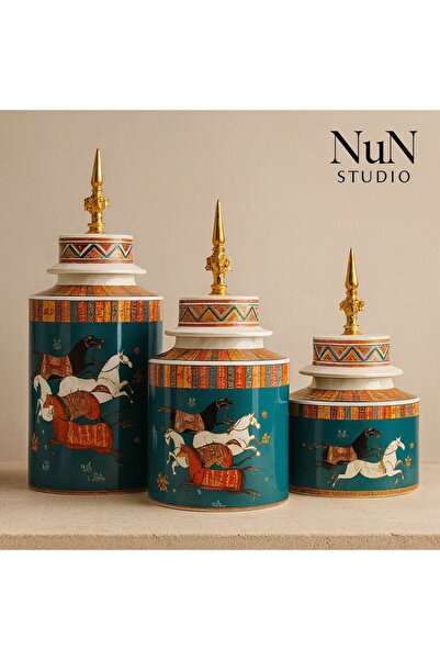 Nun Studio طقم ديكور سيراميك فاخر مكون من 3 قطع مع غطاء |   تمثال مزهرية زخرف...