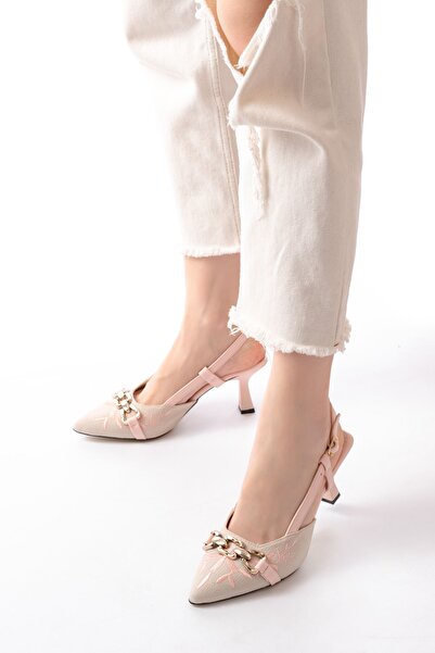 Budi K-250 Powder Linen Daily Open Back Buckle Heeled Women's Shoes