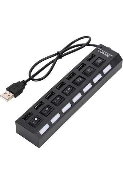 Generic High-speed external USB hub with 7 ports, independent power switches, and LED indicators.