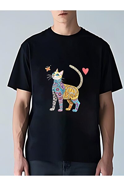 MIXSNOW تي شيرت رجالي كبير الحجم برقبة مستديرة: نقشة قطة - 100٪ قطن ناعم ومريح، 3 ألوان