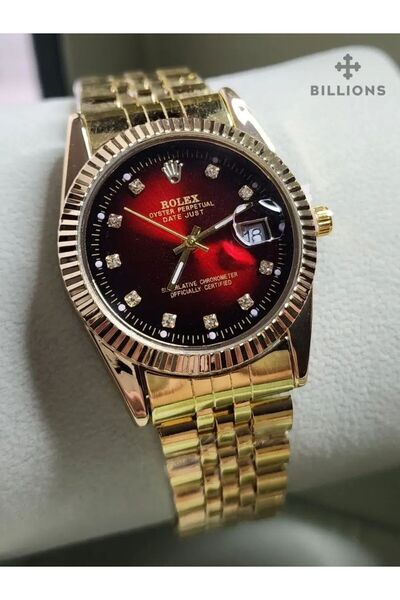 CN ساعة رجالية كلاسيكية فاخرة بهيكل ذهبي ومينا أحمر غامق