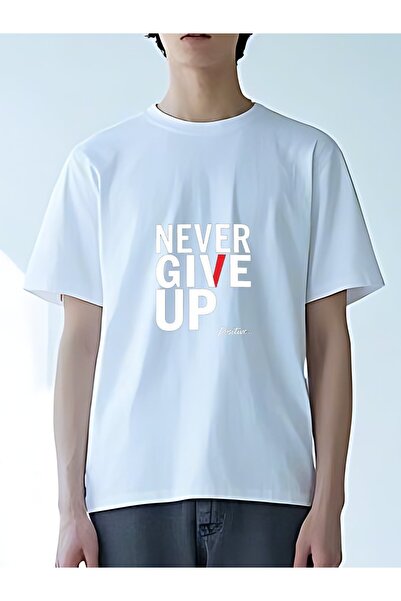 MIXSNOW تي شيرت رجالي كبير الحجم برقبة مستديرة: "NEVER GIVE UP" - 100٪ قطن نا...