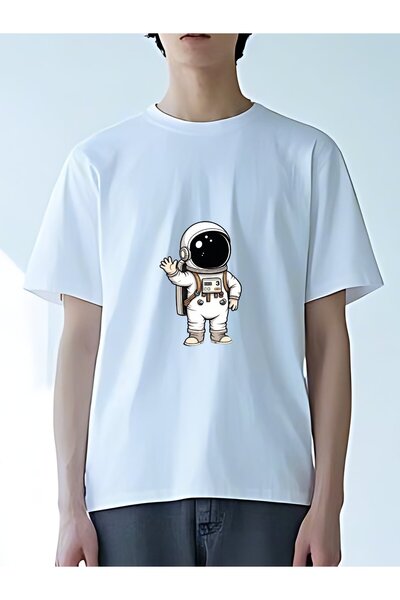 MIXSNOW تي شيرت رجالي كبير الحجم برقبة مستديرة: رائد فضاء يلوح بيده - 100٪ قط...