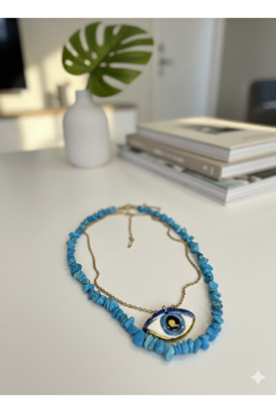 İki Cadı Tasarım Handmade Ceramic Eye Object Detailed, Stainless Steel Chain, Bead Necklace