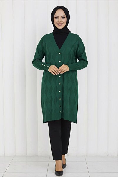 TRENDTESETTÜR كارديجان نسائي منسوج بنقشة خضراء (زمردية) T 9323