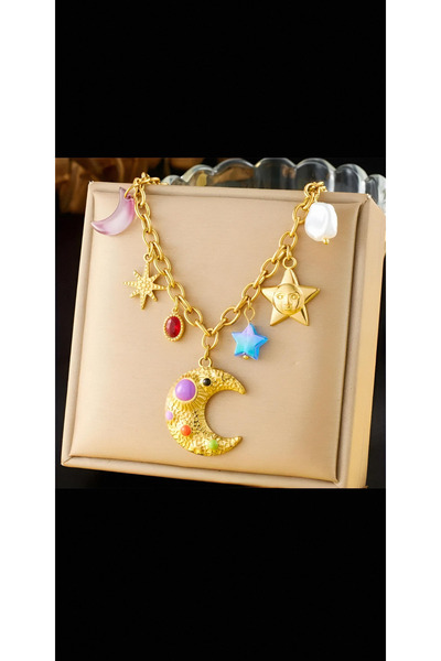 chd-store 304 Paslanmaz Çelik, Y2K Gotik Ay Yıldız Detaylı kolye