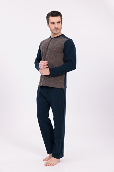 Lohussa Men's Brown Design Long Sleeve Winter Jacquard Cotton Pajama Set