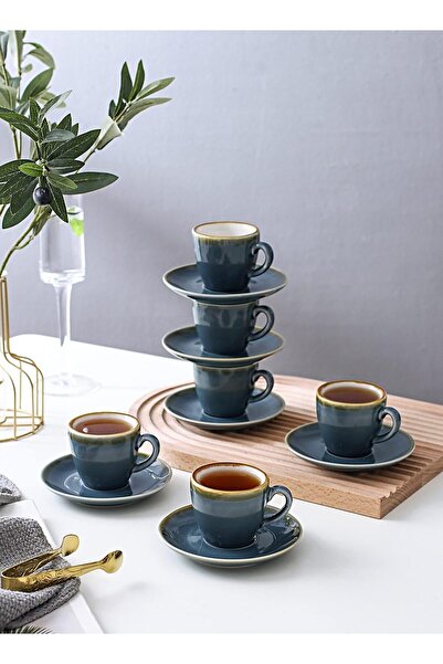 sharpdo Ceramic Coffee Cups and Saucers Set 100 ml, Glazed Finish, 6 Cups and Saucers (Ocean Blue)