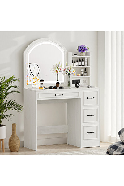 CHOGORI Modern Makeup Vanity Desk with Lights, 4 Drawers & Side Cabinet, Glass Top & Outlet