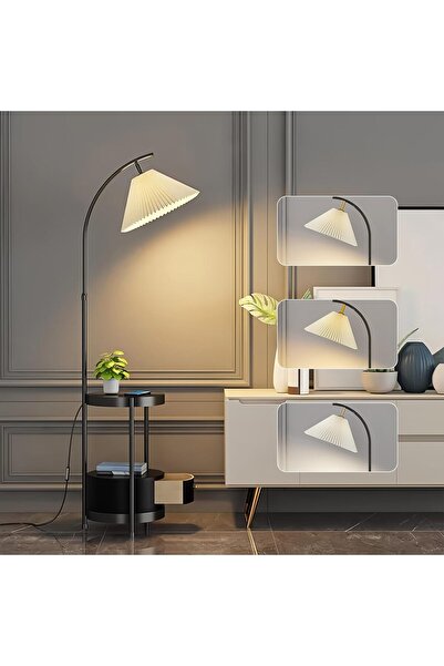sharpdo Modern Floor Lamp with Pleated Lampshade, 3-Color Dimming & Built-in Side Table (Black)