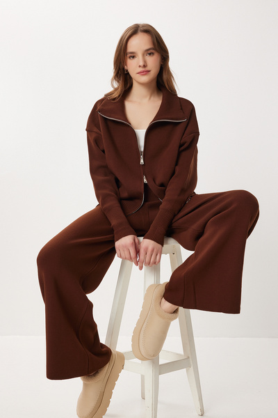 Lovelyİstanbul Fermuarlı Hırka Pantolon Triko Takım LAN0077 KAHVERENGİ