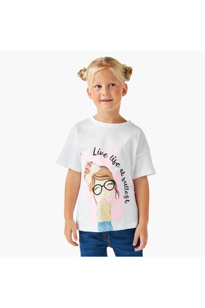 Juniors Graphic Print T-shirt with Short Sleeves