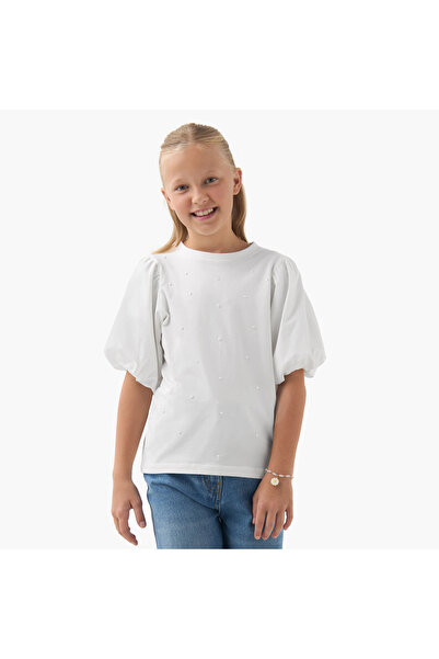 Juniors Girls Crew Neck Top with Pearl Embellishments - Short Sleeves
