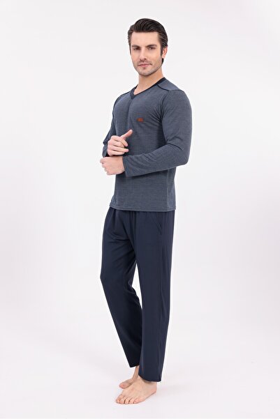 Lohussa Men's Navy Blue V-Neck Special Design Long Sleeve Cotton Pajama Set