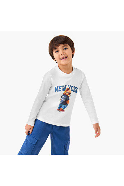 Juniors تي شيرت برقبة دائرية للأولاد مع طباعة جرافيكية - قطن - أكمام طويلة