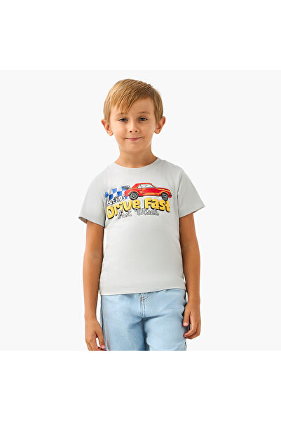 Juniors Car Graphic Print T-shirt with Short Sleeves