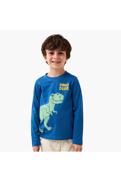 Juniors تي شيرت بأكمام طويلة ورقبة دائرية مزين بطبعة ديناصور