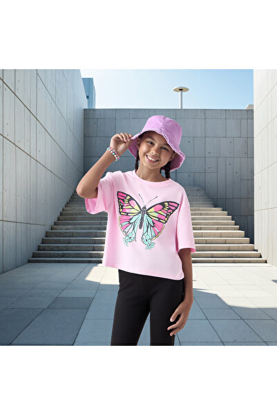 Juniors Butterfly Print T-shirt with Crew Neck and Short Sleeves