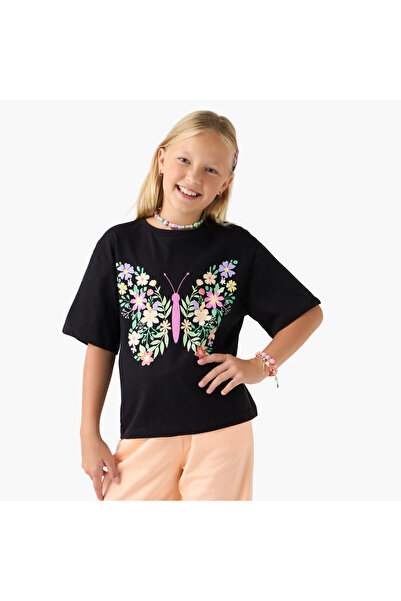 Juniors تي شيرت بناتي برقبة دائرية وطبعة فراشة - قطن - أكمام قصيرة