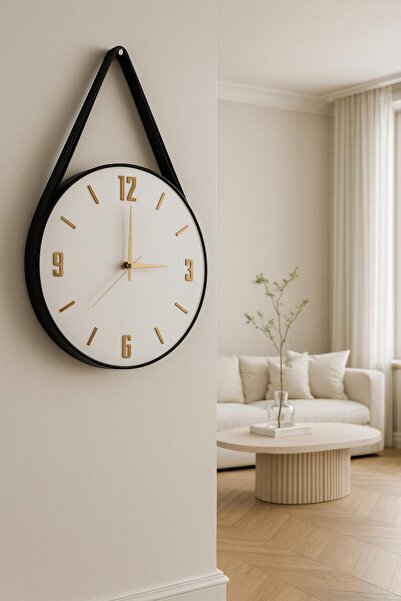 incirgüneyi AHŞAP DERİ KEMERLİ DUVAR SAATİ GOLD RAKAMLI DUVAR SAATİ