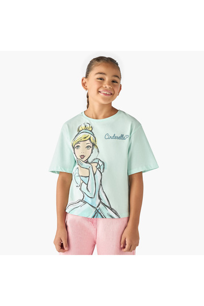 Disney تي شيرت سندريلا بطبعة ورقية وياقة مدورة