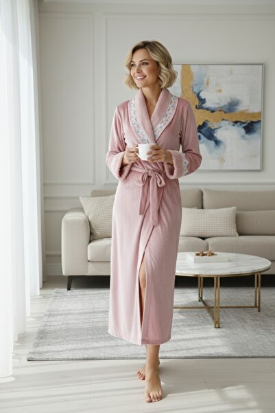 Miss Dünya Lissa Royal Soft Yaka ve Kol Detaylı Uzun Kadife Sabahlık