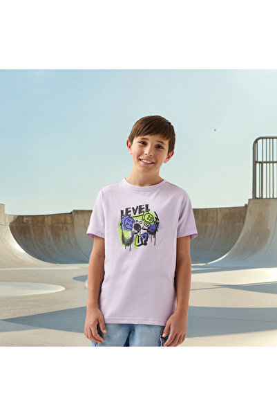 Juniors Gaming Print Crew Neck T-shirt with Short Sleeves