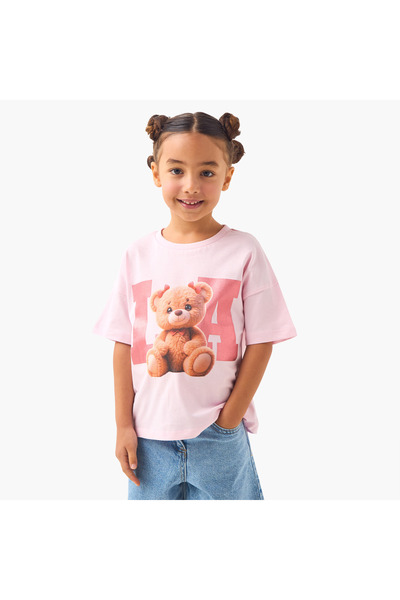 Juniors تي شيرت بطبعة رسومات دببة بأكمام قصيرة