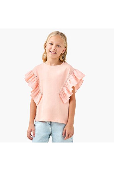 Juniors Solid T-shirt with Side Tulle Detail