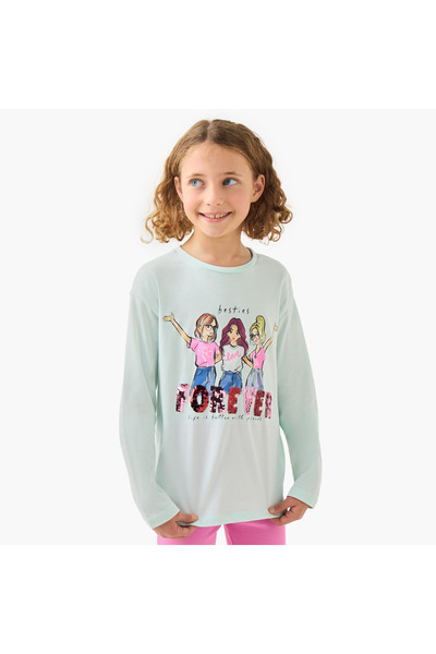 Juniors تي شيرت بناتي برقبة دائرية وطباعة جرافيكية - قطن - أكمام طويلة