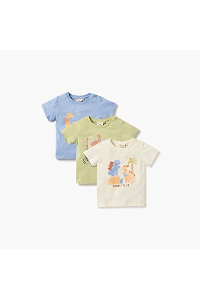 Juniors تيشيرت برقبة دائرية مزين بطبعة ديناصورات وإغلاق بأزرار - طقم من 3 قطع
