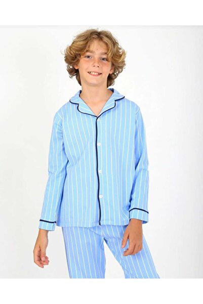 ESKİŞEHİR YUMURCAK Boy's Front Buttoned Blue Striped Pajama Set