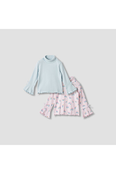 Juniors بلوزة بياقة عالية وأكمام طويلة وتفاصيل على الصدر - طقم من قطعتين