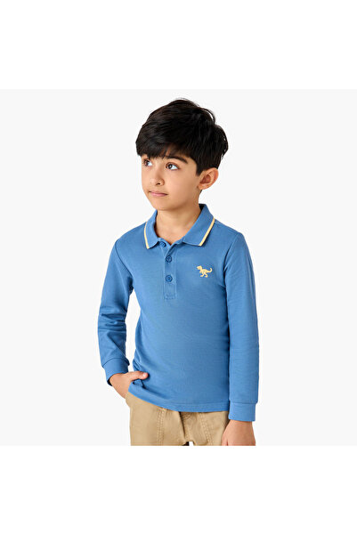 Juniors تي شيرت بولو مطرز بنقشة ديناصور بأكمام طويلة