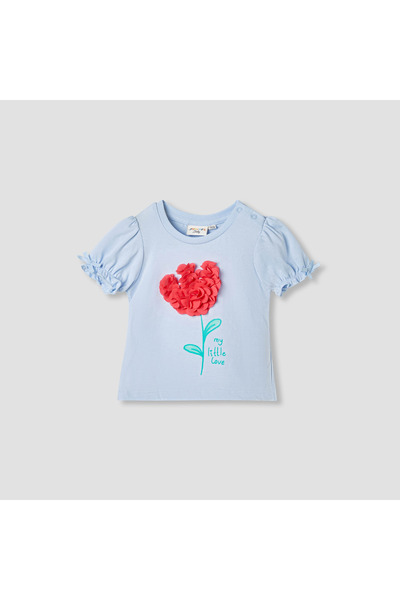 Juniors تي شيرت مزين بزخارف نباتية وأكمام منفوشة