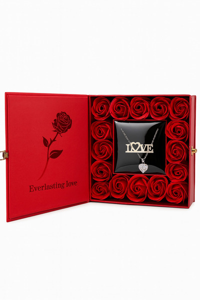 OEM Premium red gift set 15x15x5 cm with decorative roses and LOVE necklace, elegant box + bag