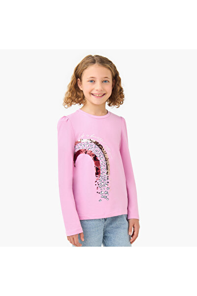 Juniors بلوزة بناتية بياقة مستديرة وتفاصيل من الترتر بألوان قوس قزح - قطن - أ...