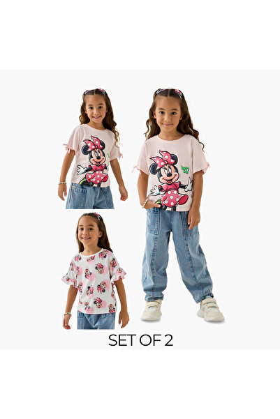 Disney تي شيرت بطبعة ميني ماوس مع رقبة دائرية - طقم من قطعتين