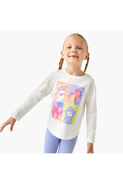 Juniors تي شيرت بناتي برقبة دائرية وطبعة قطة - قطن - أكمام طويلة