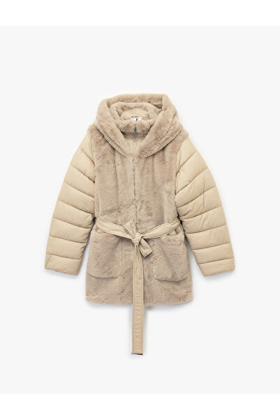 Koton Палто с качулка, колан и цип от изкуствена кожа