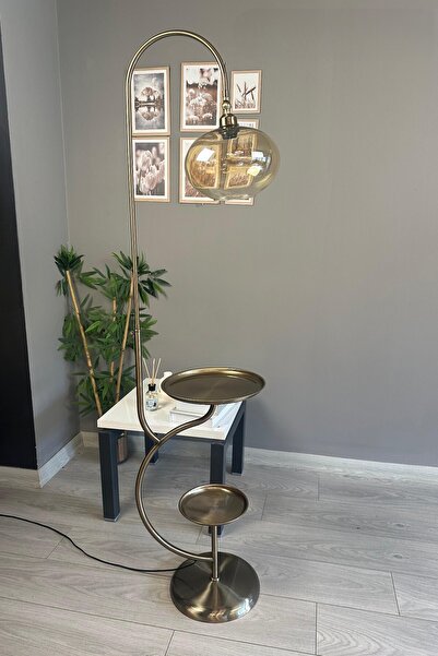 Bamyum Solvia Bal Rengi Cam Eskitme Sarmal Gövde Çift Tepsili Hareketli Başlık Lambader Metal Zemin Lambası