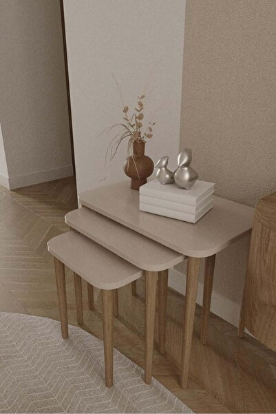 Genel Markalar Dikdörtgen Zigon Sehpa 3'lü Set – Ahşap Ayaklı Modern Tasarım