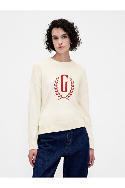 GAP Kadın Kırık Beyaz Logo Intarsia Kazak