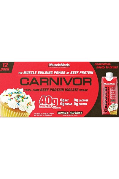 MuscleMeds كارنيفور جاهز للشرب، مخفوق بروتين اللحم البقري النقي المعزول بنكهة كب كيك الفانيليا، 500 مل، عبوة من 12 قطعة