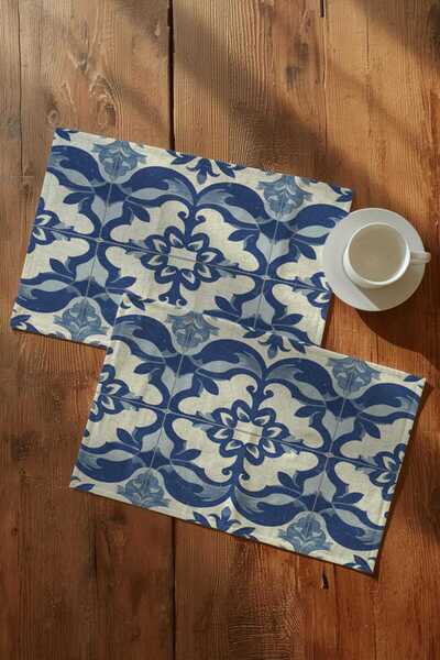 Queen Jera Set of 2 American Tablecloths – 30X45 cm Blue Tile Pattern Washable Fabric Set