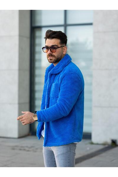 NERA GİYİM Unisex Mavi Peluş Gömlek Yaka Düğmeli Çift Cepli Regular Fit Werso...
