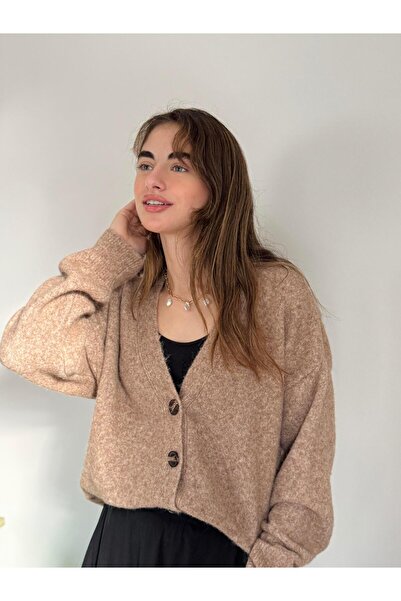 Retrobird سترة نسائية من طراز Basic مبطن بالصوف بأزرار أمامية باللون البني الفاتح