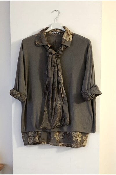 Butik Şans Floral Pattern Shawl Detailed Italian Knitwear Blouse Shirt Triple Set